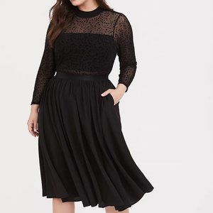 BLACK MESH FLOCKED STAR MOCK NECK MIDI DRESS SIZE 20